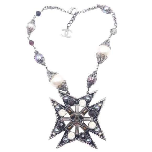 Chanel Rare Gunmetal Star Multi Color Stone Faux Pearl Necklace - Picture 1 of 4